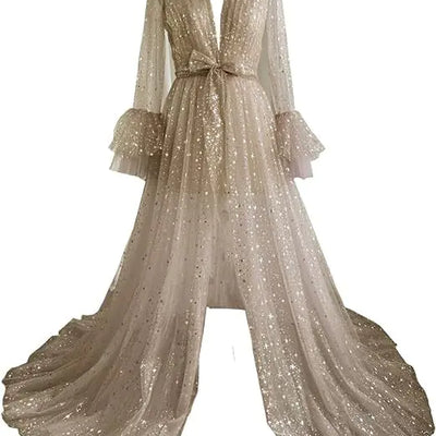 "Long Wedding Robe for Brides with Sheer Lingerie"