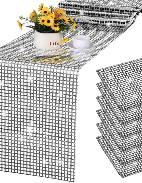 Load image into Gallery viewer, durony 6 Pack Disco Party Table Runner Mirror Silver Glitter Foil with Sparkle Sequin Table Runner for Bachelorette Party 70s Party Disco Cowgirl Party Decorations
