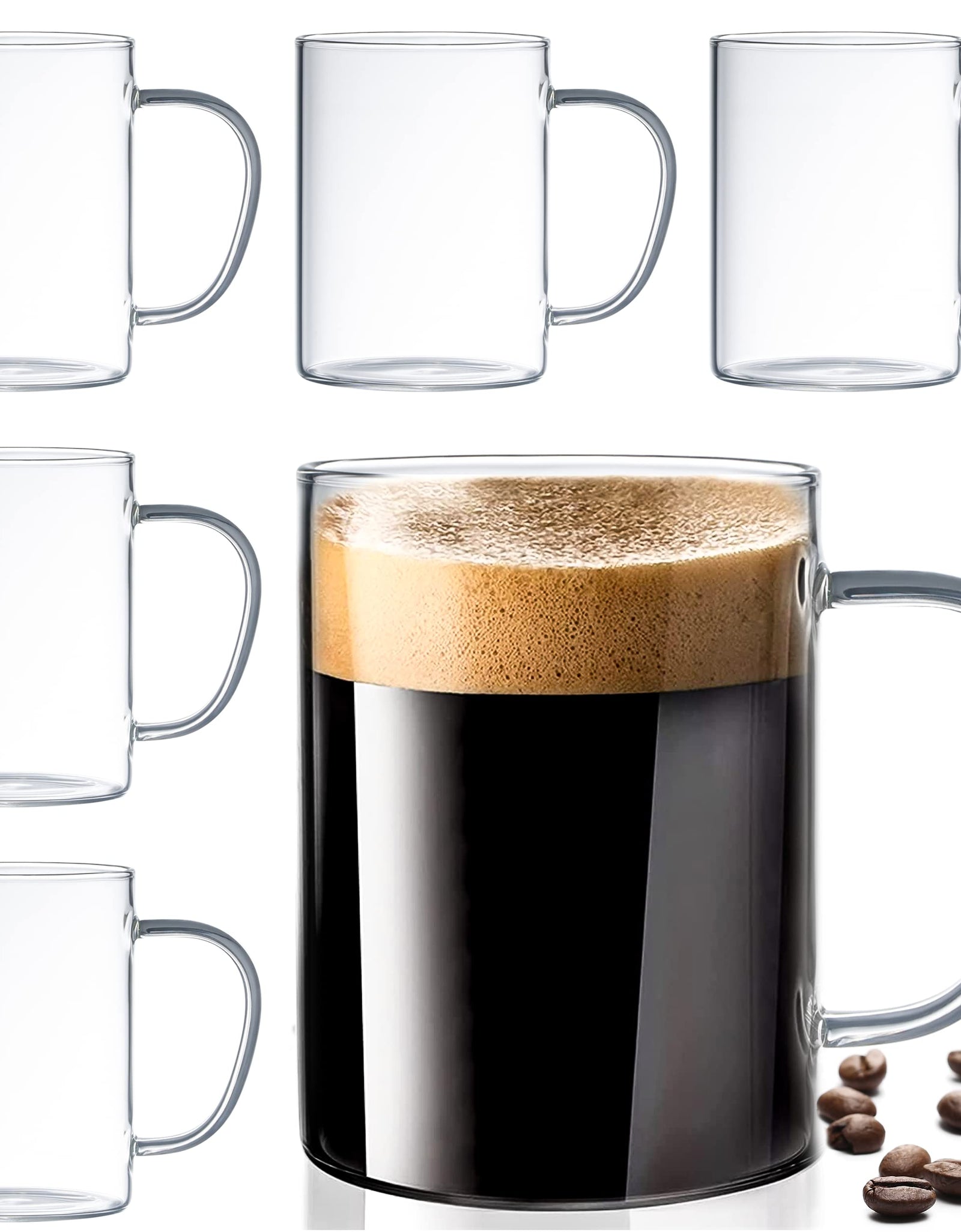 Lot de 6 tasses à café élégantes en verre ultra-résistant avec poignée Tasses à thé en verre borosilicate transparent Tasses à café pour cappuccino, latte, thé, expresso, boissons chaudes, compatibles lave-vaisselle et micro-ondes