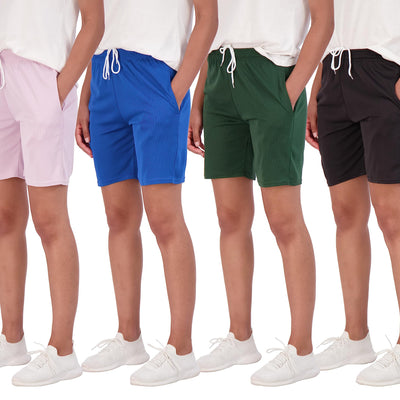4-Pack: Womens Bermuda Active Athletic Dry Fit Womans Shorts for Women Knee Length Casual Sweat Summer Exercise High Waisted Pull on Pockets Running Sport Short Workout Gym Lounge Casual - Set 4 XL