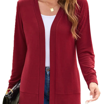 Cárdigans para mujer, ligeros, casuales, de manga larga, con frente abierto (Rojo vino, mediano)