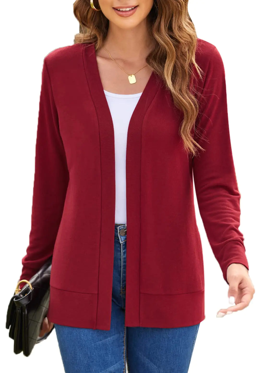 Cárdigans para mujer, ligeros, casuales, de manga larga, con frente abierto (Rojo vino, mediano)
