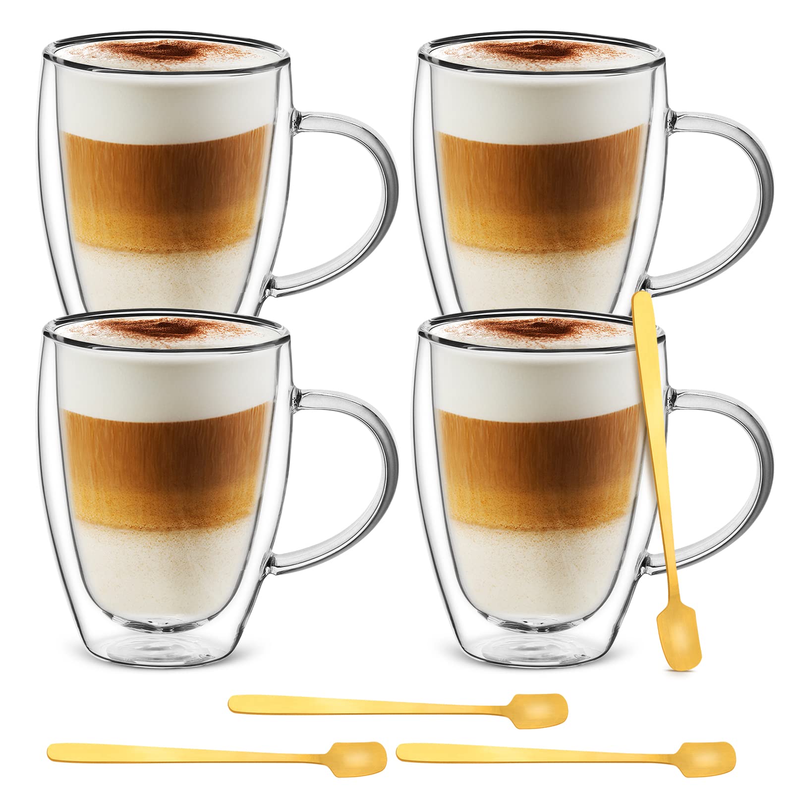 Juego de 4 tazas de cristal para capuchino de 350 ml, tazas de café expreso de doble pared, juego de tazas de cristal con 4 cucharas doradas, tazas de café con asa, tazas de cristal transparente para latte, capuchino, té, zumo
