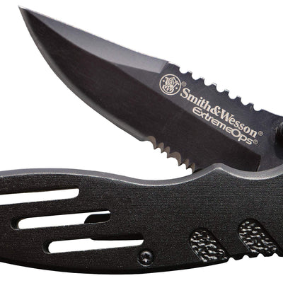 Smith & Wesson Accessories Extreme Ops SWA24S Navaja Plegable de Acero Inoxidable de 7.1in con Hoja Serrada de Punta Clip de 3.1in y Mango de Aluminio para Supervivencia Táctica al Aire Libre y EDC