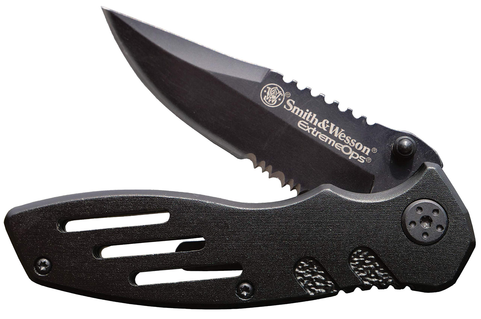 Smith & Wesson Accessories Extreme Ops SWA24S Navaja Plegable de Acero Inoxidable de 7.1in con Hoja Serrada de Punta Clip de 3.1in y Mango de Aluminio para Supervivencia Táctica al Aire Libre y EDC