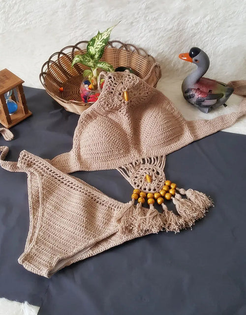 Load image into Gallery viewer, Swimwear Set with Handmade Crochet Tassels
