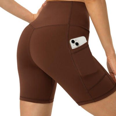 YUNOGA Womens High Waist Yoga Shorts 6" Inseam Biker Shorts Workout Spandex Shorts with Pockets (XS Brown Stone)