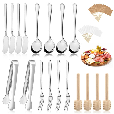 38 Pièces Planches à Charcuterie Accessoires Ensemble d'Ustensiles à Charcuterie en Acier Inoxydable Argenté Comprenant Tartineur à Fromage et Beurre Mini Pinces de Service Couteaux Cuillères Fourchettes Bâtonnets à Miel et Drapeaux Cure-Dents