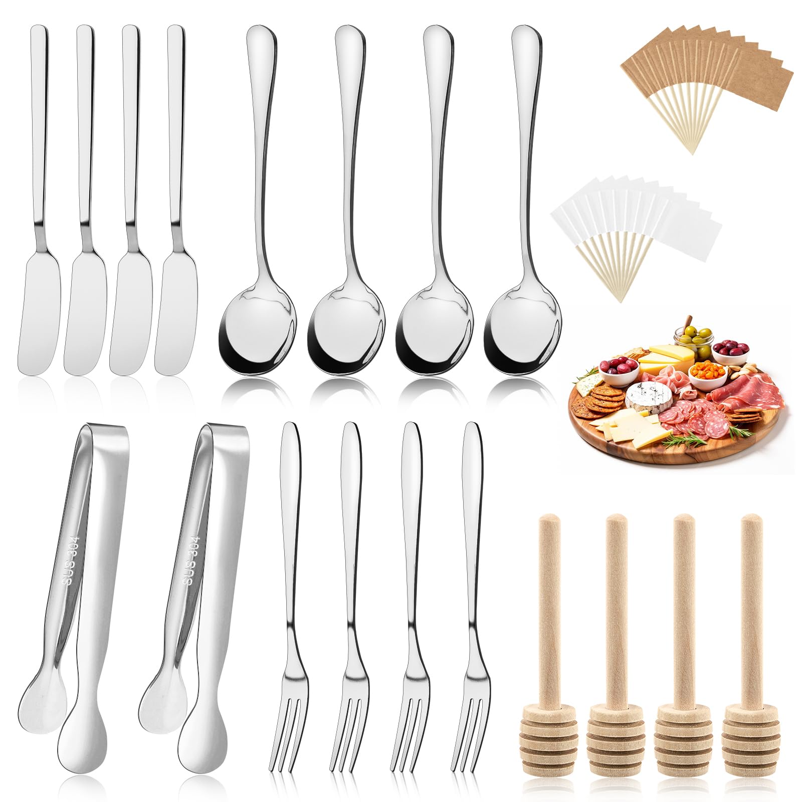38 Pièces Planches à Charcuterie Accessoires Ensemble d'Ustensiles à Charcuterie en Acier Inoxydable Argenté Comprenant Tartineur à Fromage et Beurre Mini Pinces de Service Couteaux Cuillères Fourchettes Bâtonnets à Miel et Drapeaux Cure-Dents