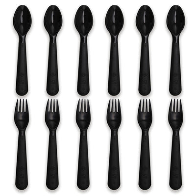 Muulaii Lot de 12 cuillères et fourchettes pour enfants, ustensiles en plastique réutilisables, ensemble de couverts pour bébé, vaisselle d'alimentation, ustensiles sans BPA, compatibles micro-ondes, lave-vaisselle et congélateur – Noir