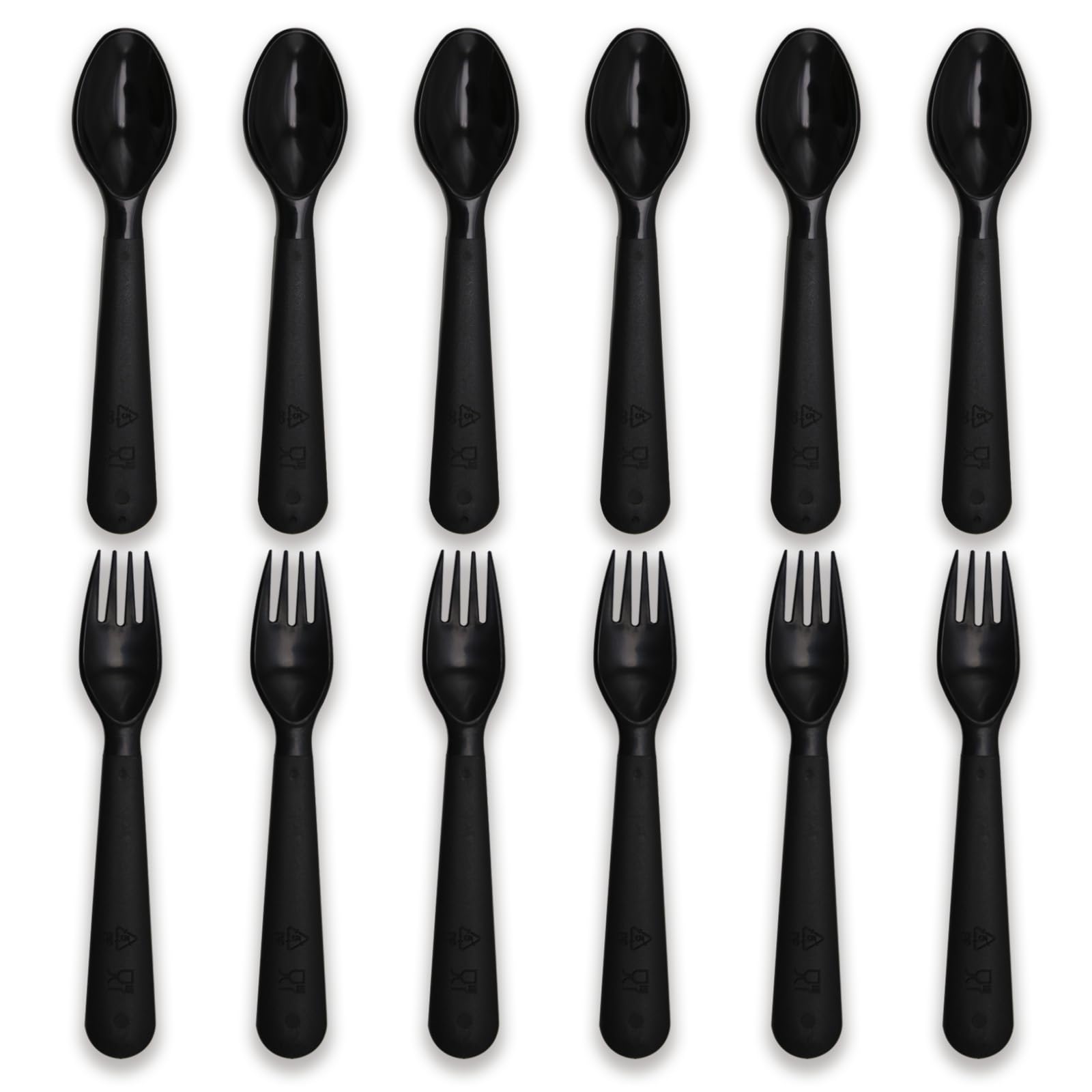 Muulaii Lot de 12 cuillères et fourchettes pour enfants, ustensiles en plastique réutilisables, ensemble de couverts pour bébé, vaisselle d'alimentation, ustensiles sans BPA, compatibles micro-ondes, lave-vaisselle et congélateur – Noir