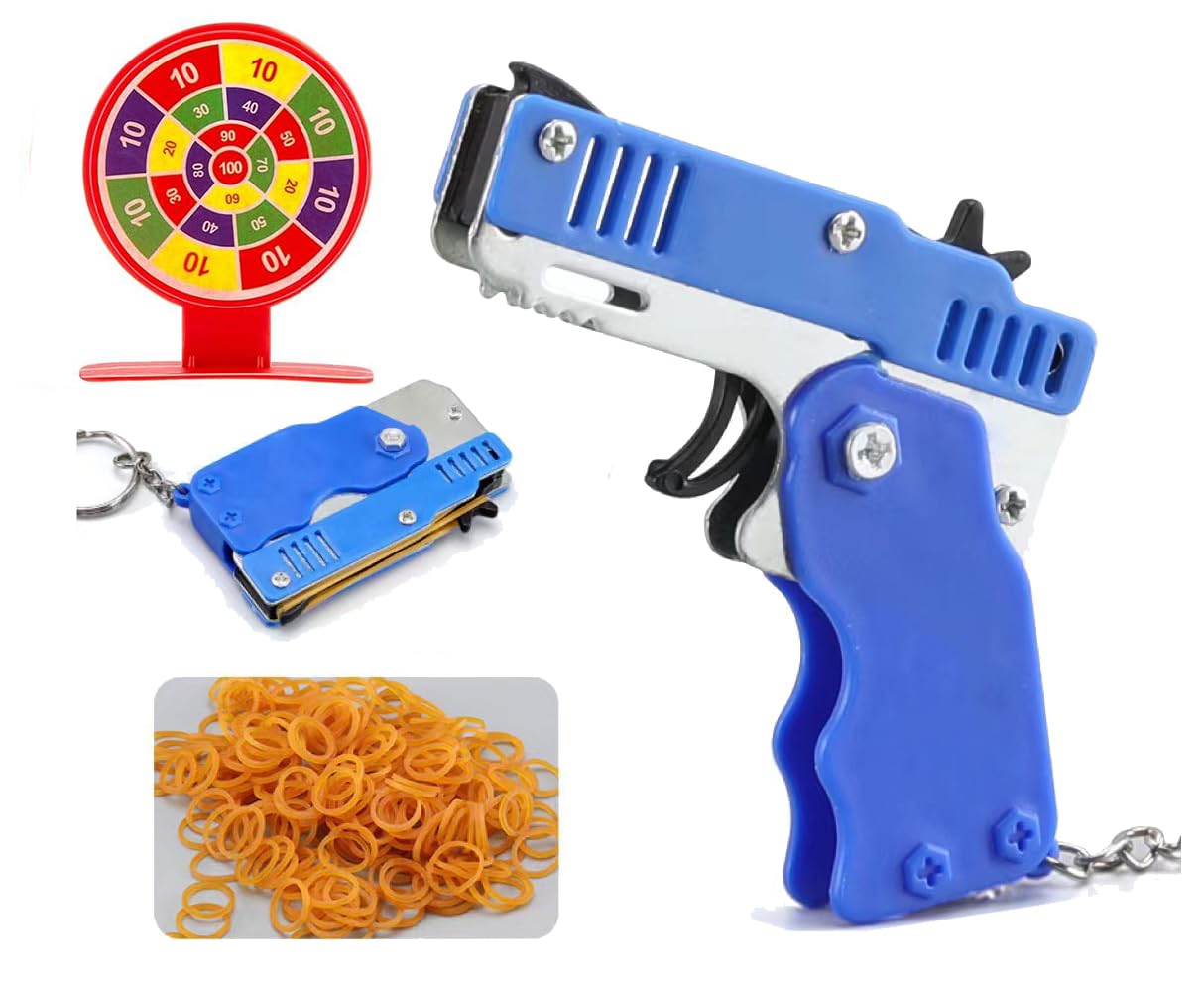 Aebecede 60 piezas Kit de objetivo para pistola de gomas Band Gun Llaveros plegables de metal con colgantes Juguete de tirador creativo para adultos Disparar cosas raras Gadgets geniales (azul)