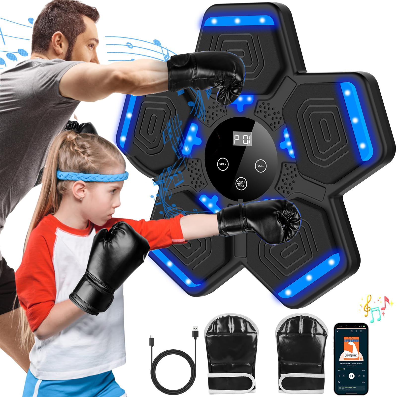 Máquina de Boxeo Musical Premium con Guantes de Boxeo Máquina de Boxeo Inteligente Bluetooth con Objetivo de Boxeo Electrónico LED Montado en la Pared Equipo de Perforación para Ejercicio en Casa