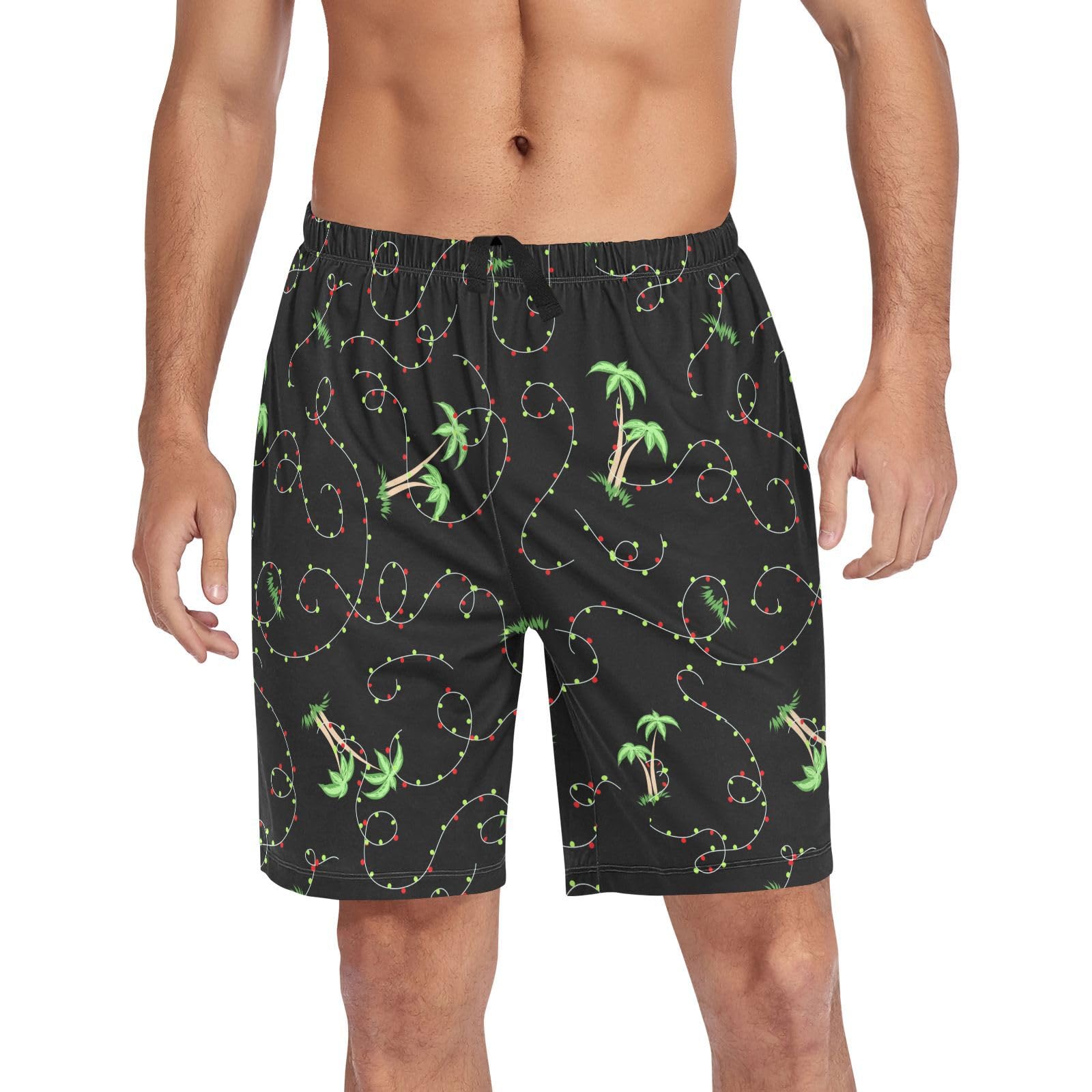 Ollabaky Pajama Shorts Mens Christmas String Lights Palm Trees Pajama Bottoms Mens Lounge Sleep Shorts with Pockets XL