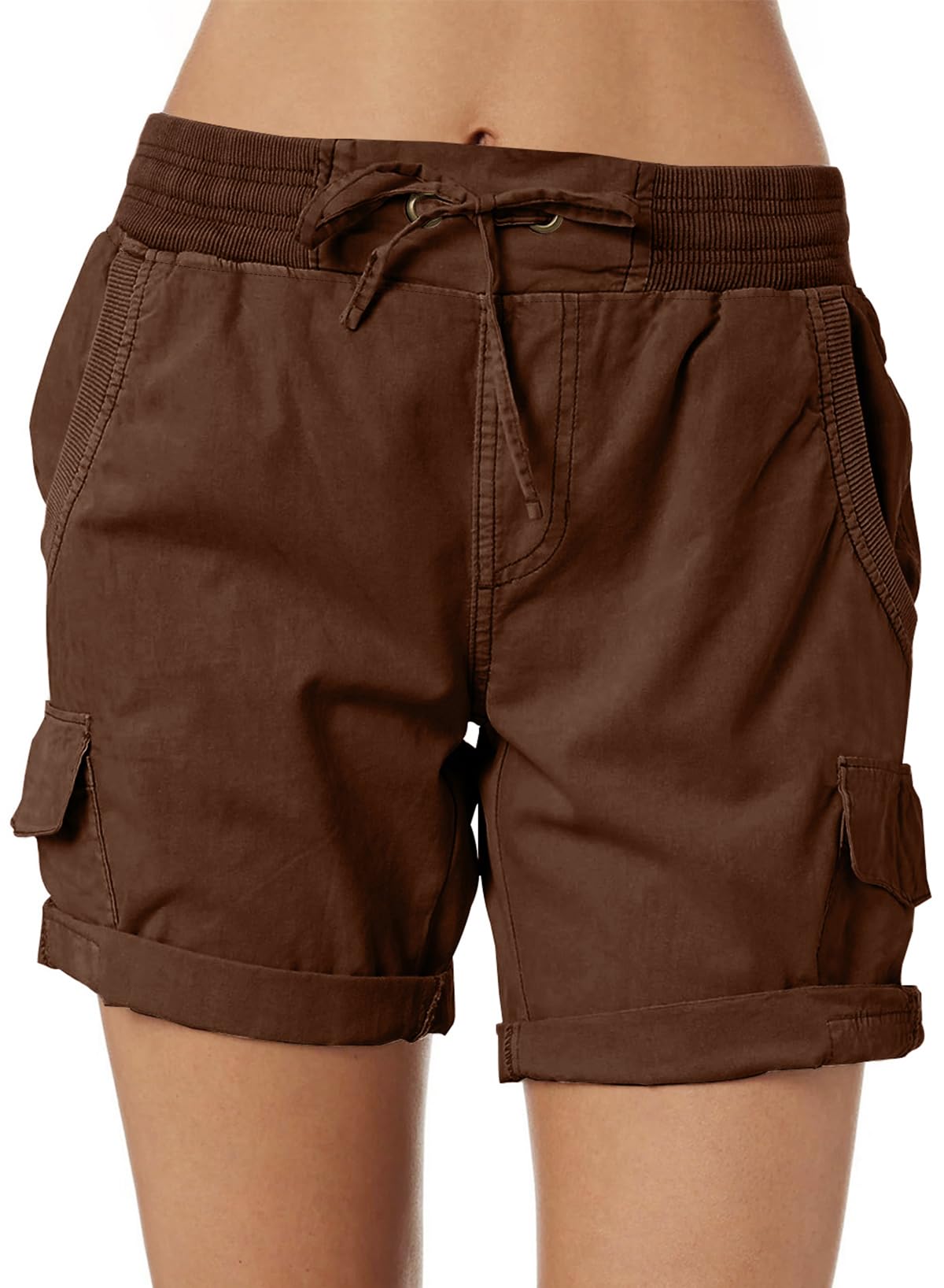 Dokotoo Trendy Ladies Cargo Shorts Hiking Casual Pleated Stretchy Shorts 2024 Summer Bermuda Long Outdoor Shorts High Rise Loose Pants Shorts Coffee XX-Large