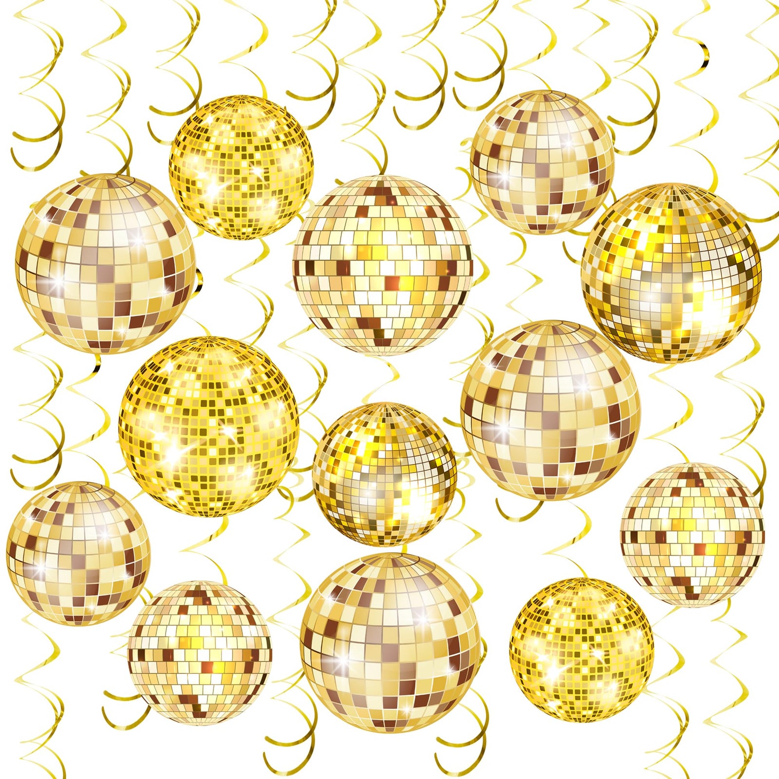 54 Piezas de Decoraciones Doradas para Fiesta Disco, Espirales Colgantes de Bolas de Discoteca, Espirales Colgantes para Techo de Fiesta de los 70 para Fiesta de Fiebre Disco, Suministros para Fiesta de Cumpleaños Hippie de los 70