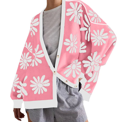 Tanou Womens Floral Cardigan Sweaters Button Down Fall Long Sleeve Open Front Cute Knit Cardigan Pink Medium