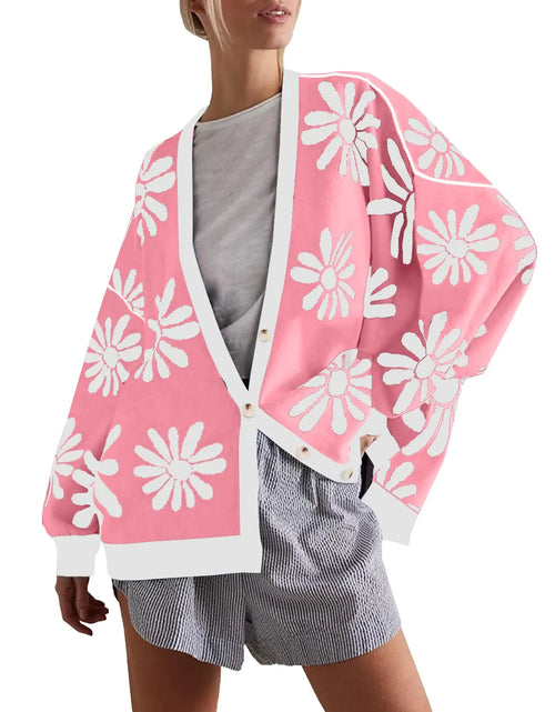 Load image into Gallery viewer, Tanou Womens Floral Cardigan Sweaters Button Down Fall Long Sleeve Open Front Cute Knit Cardigan Pink Medium
