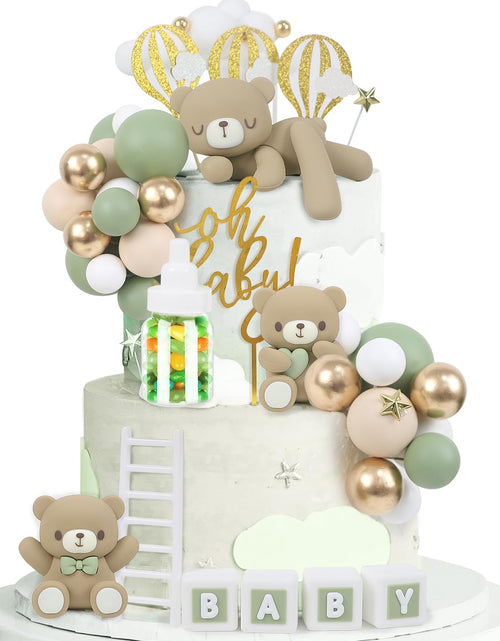 Load image into Gallery viewer, Acmee 44 PCS Green Bear Cake Toppers - Mini 3D Bear BABY Letters Milk Bottle Green Gold Foam Balls Cake Toppers for Boy Girl Birthday Party Baby Shower Cake Decorations
