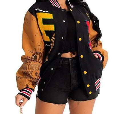 VOIKERDR Varsity Jacket Women Button Print Casual Jacket Spring Lightweight Jacket Sweatshirt Coat 2023
