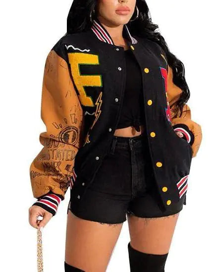 Load image into Gallery viewer, VOIKERDR Varsity Jacket Women Button Print Casual Jacket Spring Lightweight Jacket Sweatshirt Coat 2023
