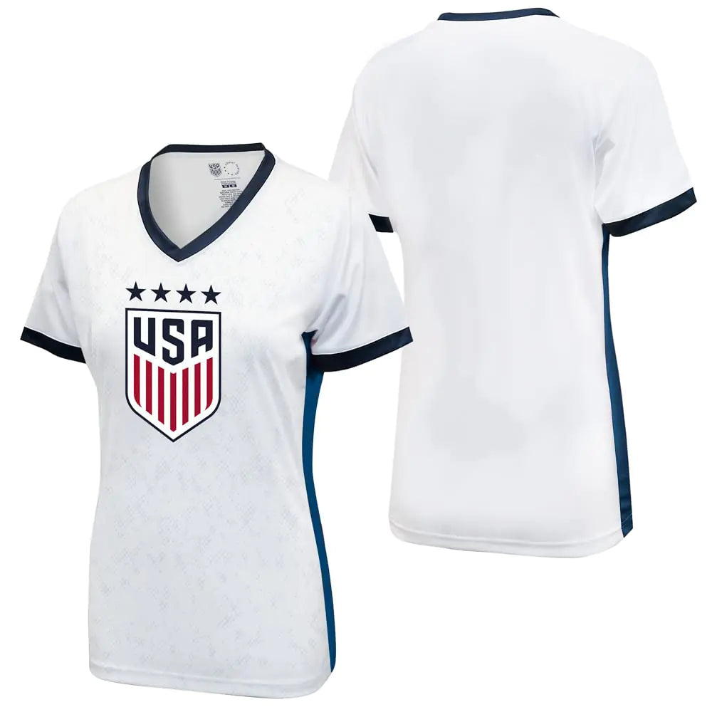 Icon Sports Official Licensed U.S. Soccer 4 Star USWNT Players Womans Game Day Shirts Football Tee Top | Elite White/Blue Small