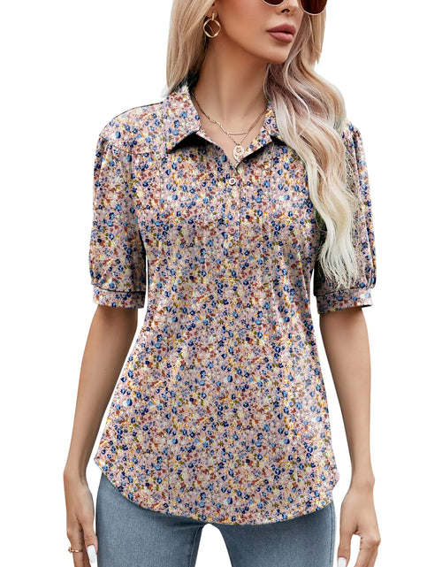 Load image into Gallery viewer, Womens Plus Size Tee Shirts Short Sleeve Button Down Blouses Tops Loose Casual Tunic Summer Work Polo Shirts Floral Pink XX-Large
