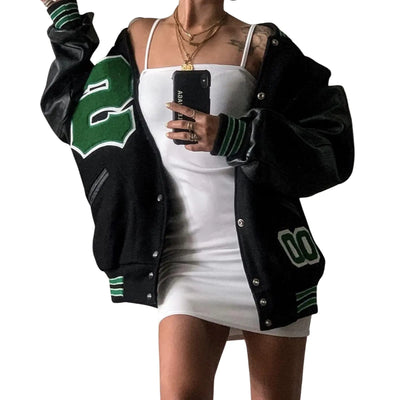 Mxiqqpltky Womens Oversized Y2K Bomber Jacket Casual Boyfriend Baseball Jacket Harajuku Long Sleeve Varsity Jacket Streetwear Coat (Black H Medium)