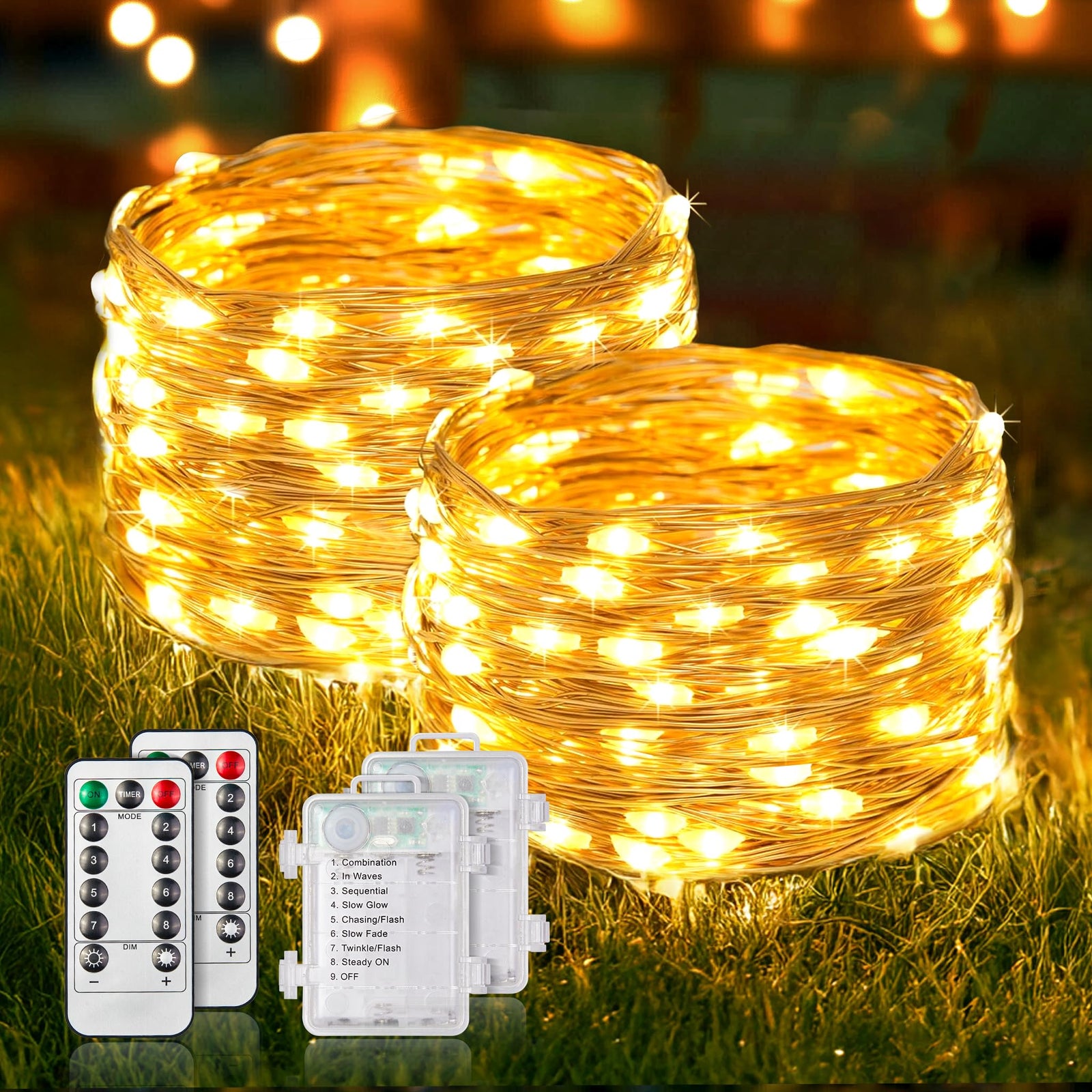 Guirnaldas de luces de hadas de 10 metros y 100 leds a pilas con mando a distancia HALHSAP, guirnaldas de luces a pilas resistentes al agua, para dormitorio, fiesta, boda, decoración interior y exterior de Navidad, 2 unidades