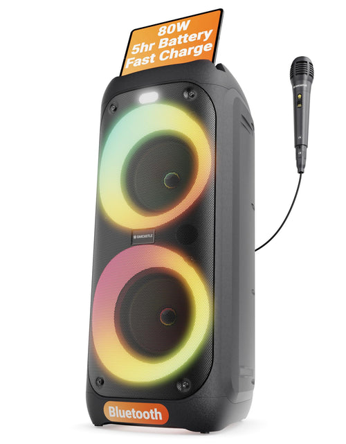 Cargar imagen en el visor de la galería, Altavoz portátil Bluetooth para fiestas | 80W de potencia y batería recargable de hasta 5H | Altavoz Bluetooth grande 2.0 con micrófono con cable | Modo Karaoke, luces LED para fiestas y control de ecualizador | Oakcastle PS200
