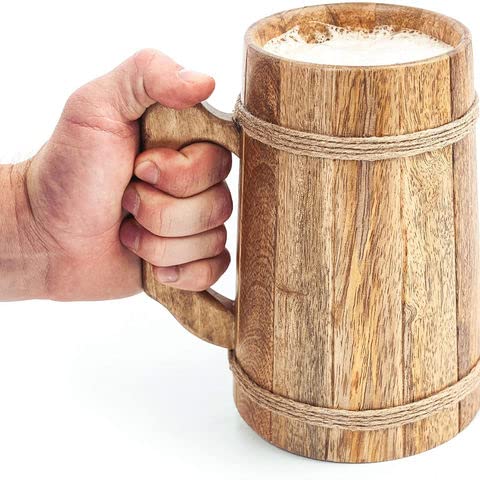 Load image into Gallery viewer, Frescorr Wooden Beer Mugs 100% Authentic and HANDWADE Top Grade Natural Handmade Retro Brown Wood mug with Handle for Drinking Tea Coffee Wine Beer Hot cold Drinks 17-18oz (Light Wood)
