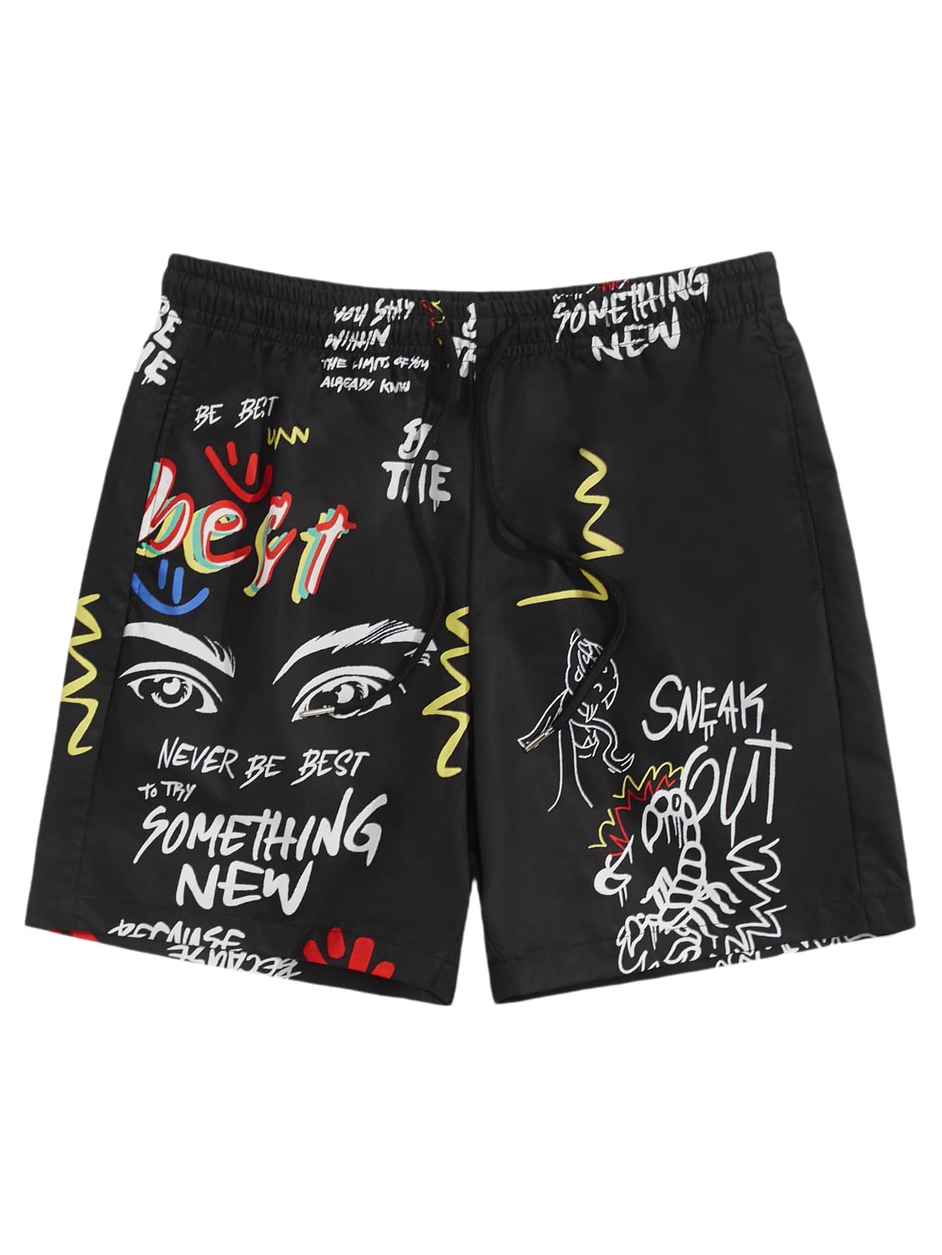 WDIRARA Mens Graphic Print Colorblock Drawstring Waist Active Pocket Shorts Black XXL