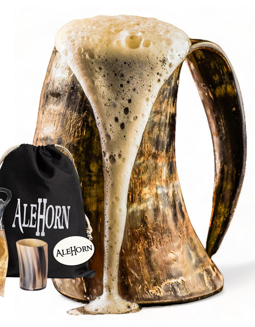 Load image into Gallery viewer, AleHorn Viking Horn Mug Shot Glass and Bottle Opener Bundle | Viking Drinking Horn Set | Viking Horn Cup Viking Mug Gift Ideas For Him - Viking Drinking Horn Mug Set for Beer Ale or Mead - 16 oz
