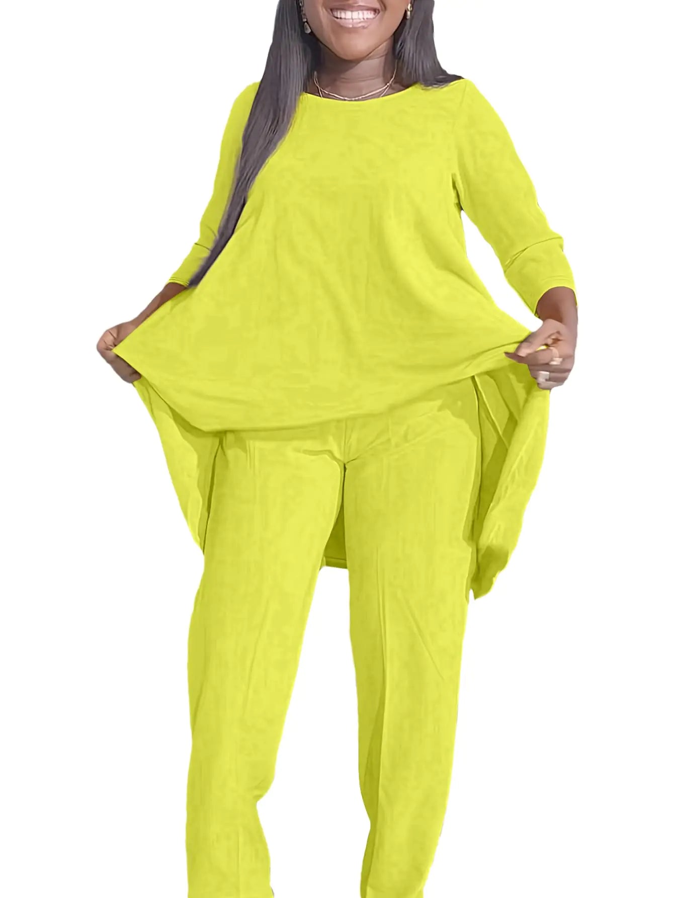 ANICECUT Plus Size 2 Piece Sets for Curvy Women Sexy Fall Long Sleeve Tops Wide Leg Casual Pants Sets Sweatsuits Light Yellow 3XL