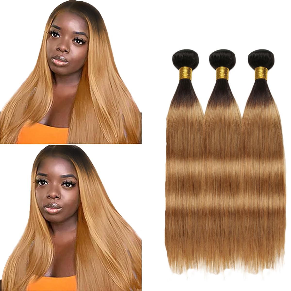 1B27 Weave Hair Human Bundles Ombre Straight Wavy Bundles Human Hair 8A Brazilian Straight Hair 3 Bundles 18 20 22 Inch Unprocessed Virgin Hair Weave Extensions 100g/pc