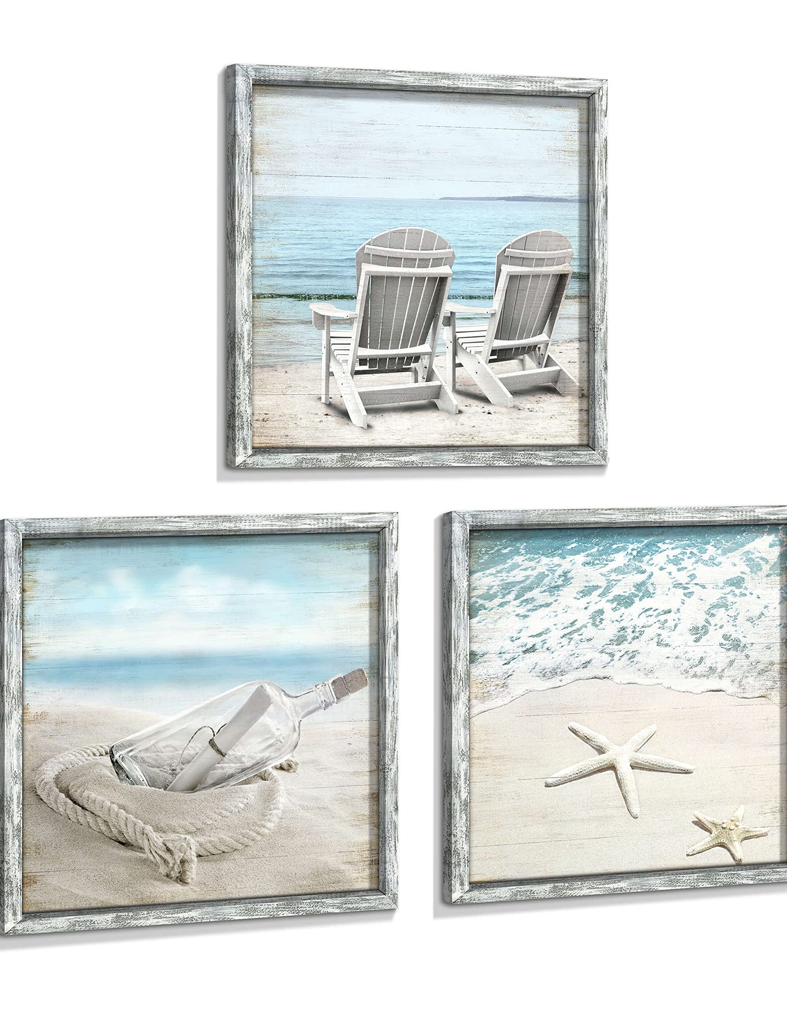 Seascape Pictures Framed Wall Artwork: Ocean Wall Art Set of 3 Beach Chairs & Drift Bottle Wall Art Coastal Prints on Wood for Bedroom