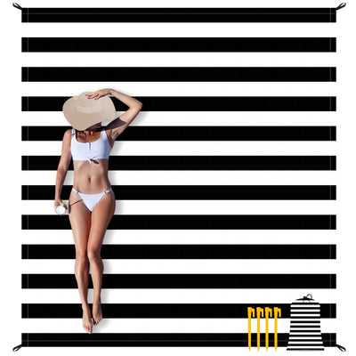 Waterproof Sandproof Beach Blanket 78×86 Large Outdoor Picnic Blanket for 4 Adults Compact Beach Mat Sand Free for Travel Camping Beach Accessories Essentials for Vacation-Black & White Stripe