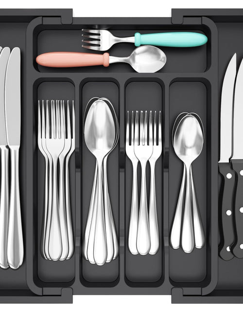 Charger l'image dans la visionneuse de galerie, Rangement de tiroir à couverts extensible Lifewit, sans BPA, plateau à ustensiles pour cuisine, porte-couverts réglable pour cuillères, fourchettes, couteaux, organisateurs et rangement de cuisine en plastique noir
