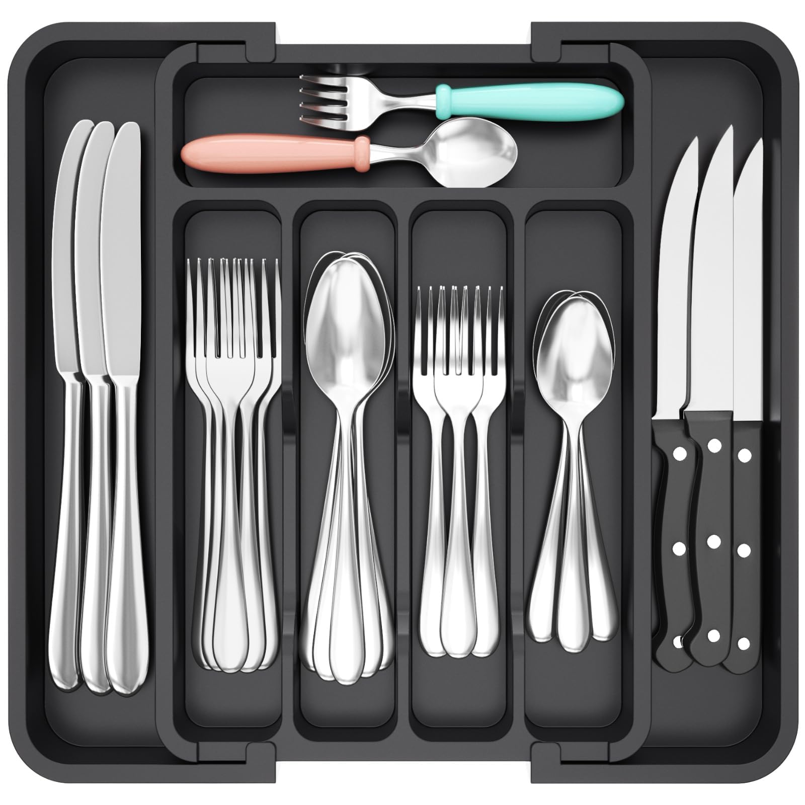 Rangement de tiroir à couverts extensible Lifewit, sans BPA, plateau à ustensiles pour cuisine, porte-couverts réglable pour cuillères, fourchettes, couteaux, organisateurs et rangement de cuisine en plastique noir