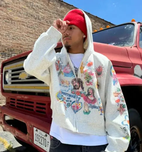 Chaqueta estampada religiosa