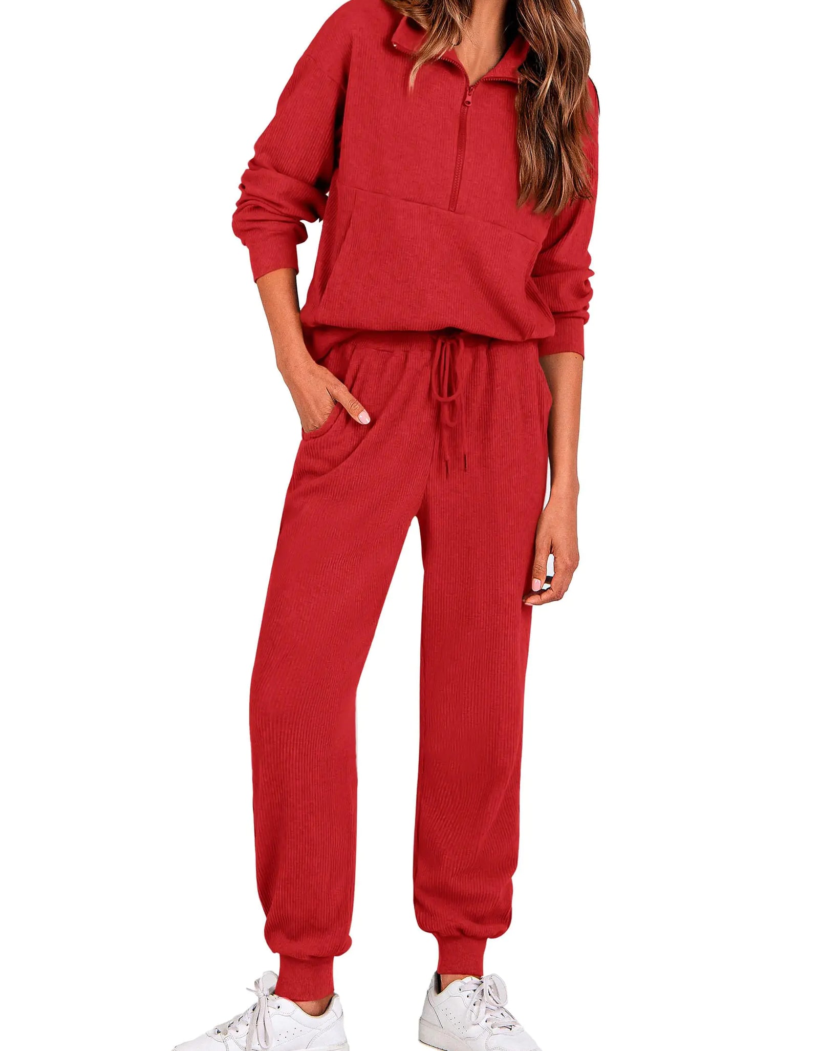 PRETTYGARDEN Womens 2 Piece Sweatsuits Set Long Sleeve Half Zip Pullover Sweatshirt Joggers Sweatpants Fall Outfits Tracksuit (RedSmall)