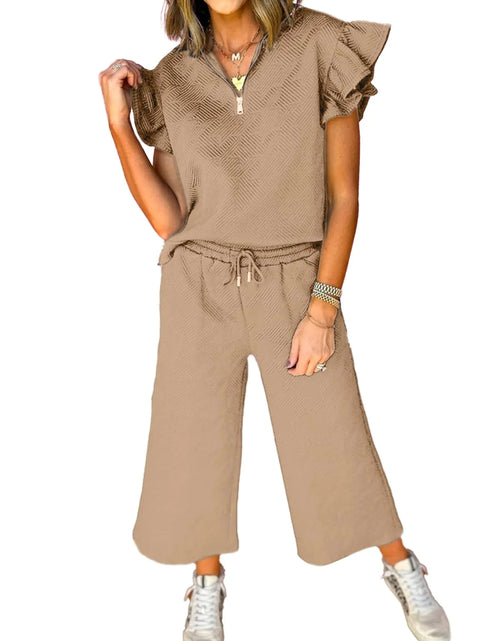 Load image into Gallery viewer, SHEWIN Womens 2 Two Piece Outfits Oversized Ruffle Short Sleeve Pullover V Neck Tops Matching Sweatsuits Drawstring Pants Lounge Sets for WomenSmoke GrayXXL
