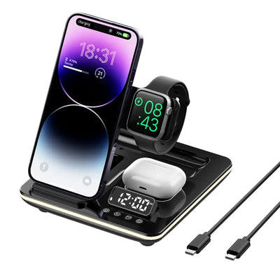 GEEK FULLY Base de Carga Inalámbrica 5 en 1 para Teléfono, Estación de Carga Elevable Automática, Soporte de Carga Rápida para Múltiples Dispositivos, Adaptable con Teléfono, iWatch Series, AirPods 3/2