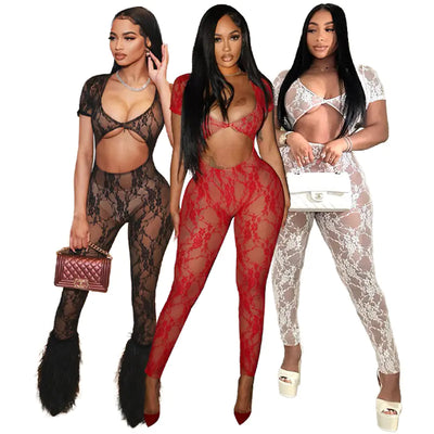 Pantalones enterizos cortos de mujer de encaje sexy con mangas