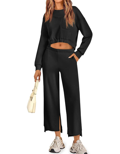 Load image into Gallery viewer, Fisoew Womens 2 Piece Outfits Sweatsuits Sets Long Sleeve Cropped Sweatshirts with Loose Straight Leg Sweatpants Tracksuit
