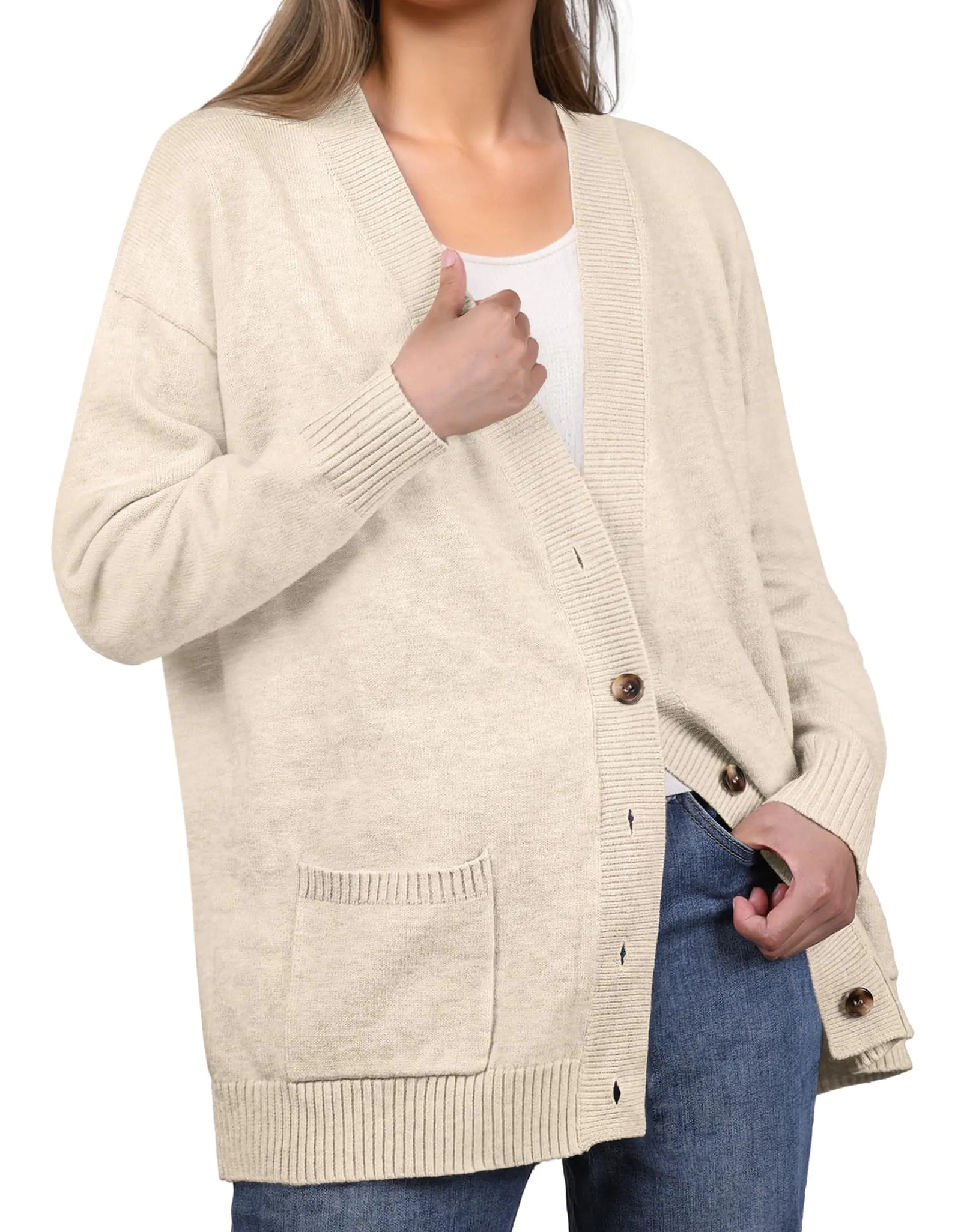 GRECERELLE Womens 2024 Fall Cardigan Sweaters Oversized Open Front Button Knit Outwear Coats with Pockets Beige 2XL