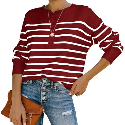 Womens Striped Henley Sweaters Soft Lightweight Long Sleeve Crew Neck Loose Fit Knit Pullover Tops Wine Red