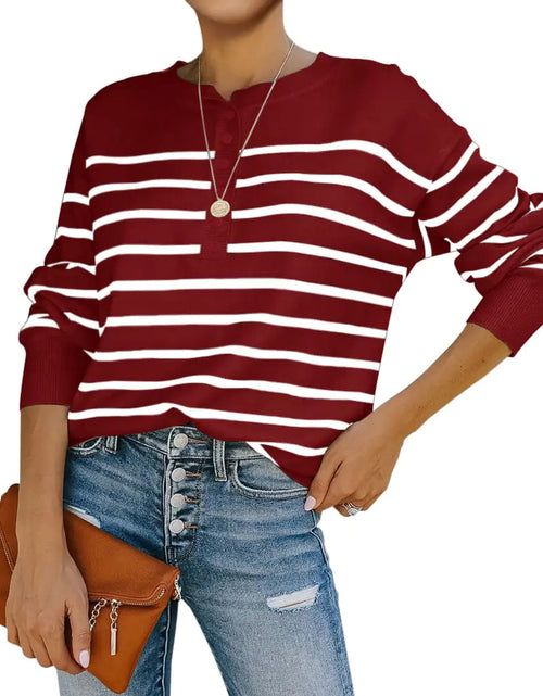 Load image into Gallery viewer, Womens Striped Henley Sweaters Soft Lightweight Long Sleeve Crew Neck Loose Fit Knit Pullover Tops Wine Red
