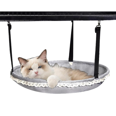 Cat Hammock 14" Dia Cat Tree Catio Accessories for Cage Indoor/Outdoor Steel Frame Adds Stability to Cat Swing Cute Kitty Pet Dog Ferret Bed with Lace Trim Breathable Mesh Hammocks Easy Hanging
