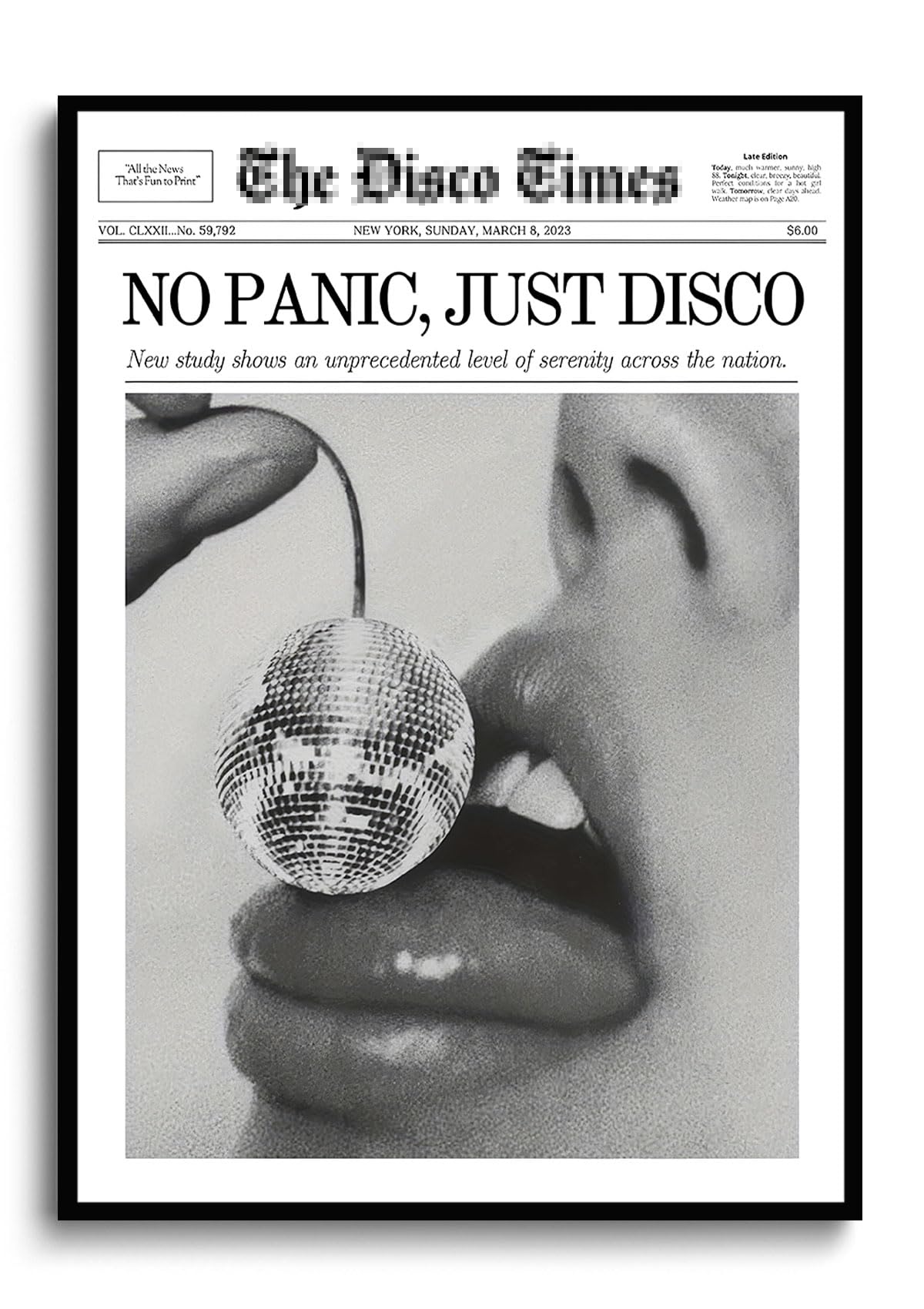 Bwodke Trendy NewsPaper Poster Wall Art Retro Cherry Disco Ball Black And White Girly Preppy Canvas Prints Magazine Pictures Bar and Party Aesthetic Decor Painting Barthroom Bedroom Dorm